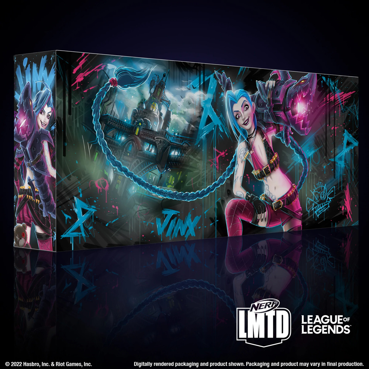 League of Legends og Nerf LMTD crossover til Jinx's Fishbone blaster. Bokskunsten viser Jinx, der griner manisk mod kameraet, mens han hejser Fishbones over den ene skulder.