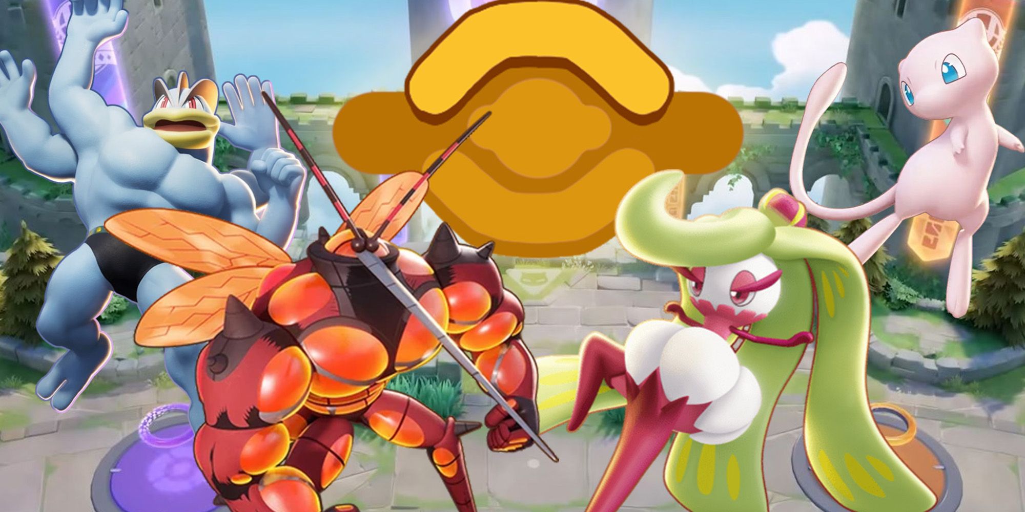 Buzzswole-Tsareena-Machamp-Mew-with-top-lane-symbol-and-thiea-sky-ruins-behind-them-2