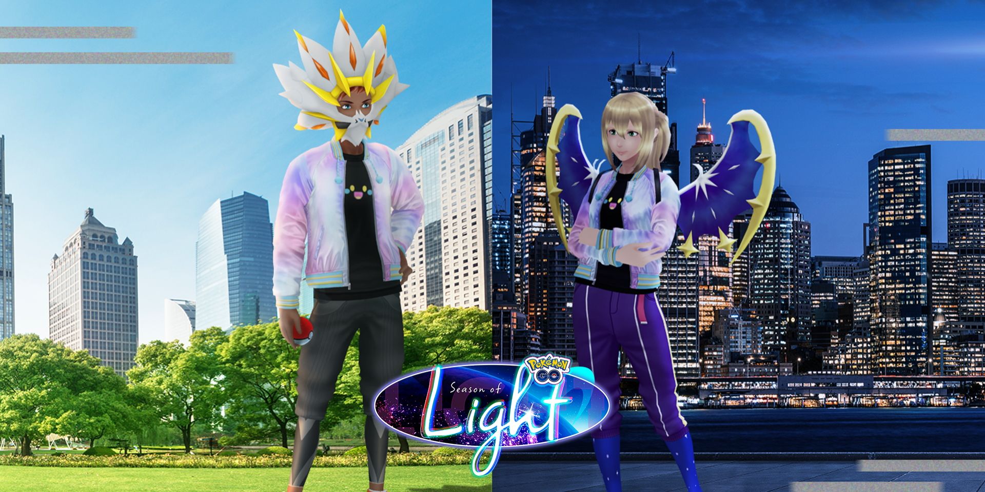 Et delt billede af Pokemon Go-avatarer, en iført Solgaleo-kosmetik og en iført Lunala-kosmetik