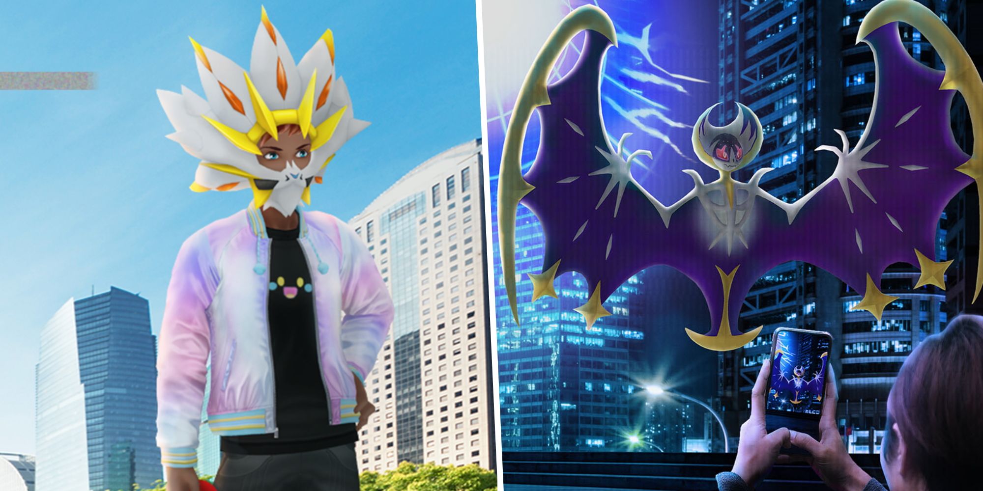 Pokemon Go Avatar wearing the Solgaleo Mask split with an image of Lunala from Pokemon