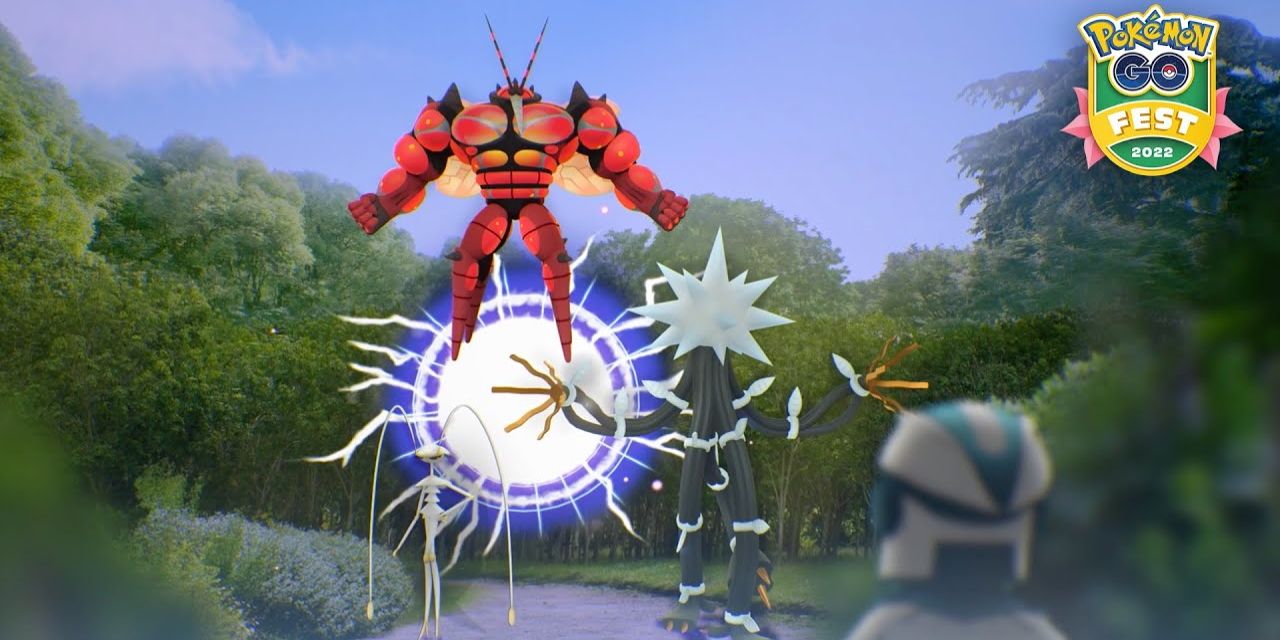 Buzzwole, Pheromosa og Xurkitree foran et ultraormehul med Rhi, der kigger på dem