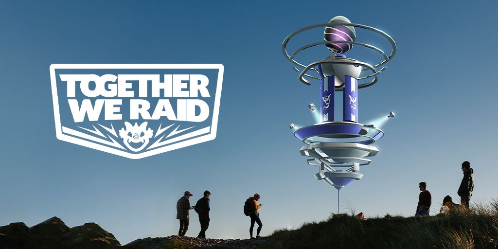 Folk, der står omkring et Pokemon Go Raid med teksten 
