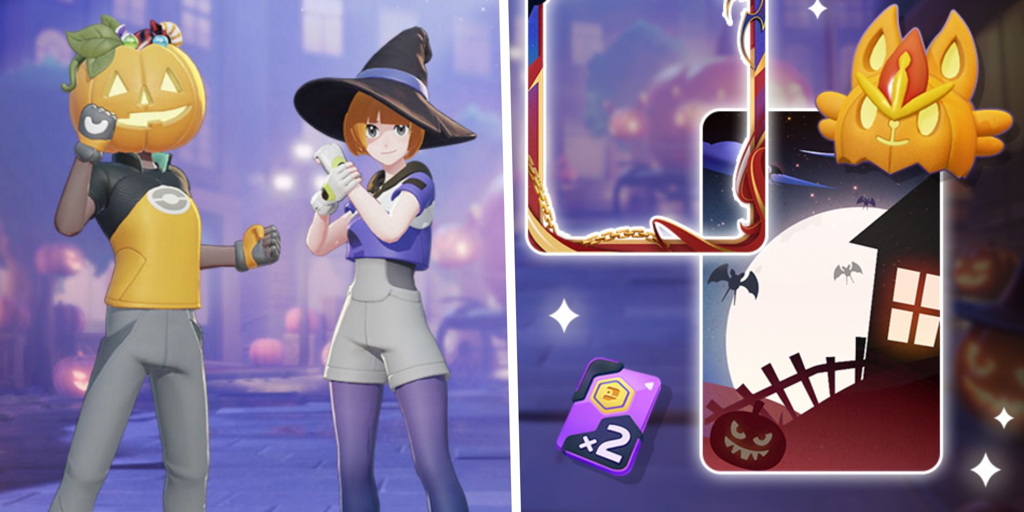 Two Pokemon Unite avatars in Halloween outfits split with some of the Halloween Event rewards
