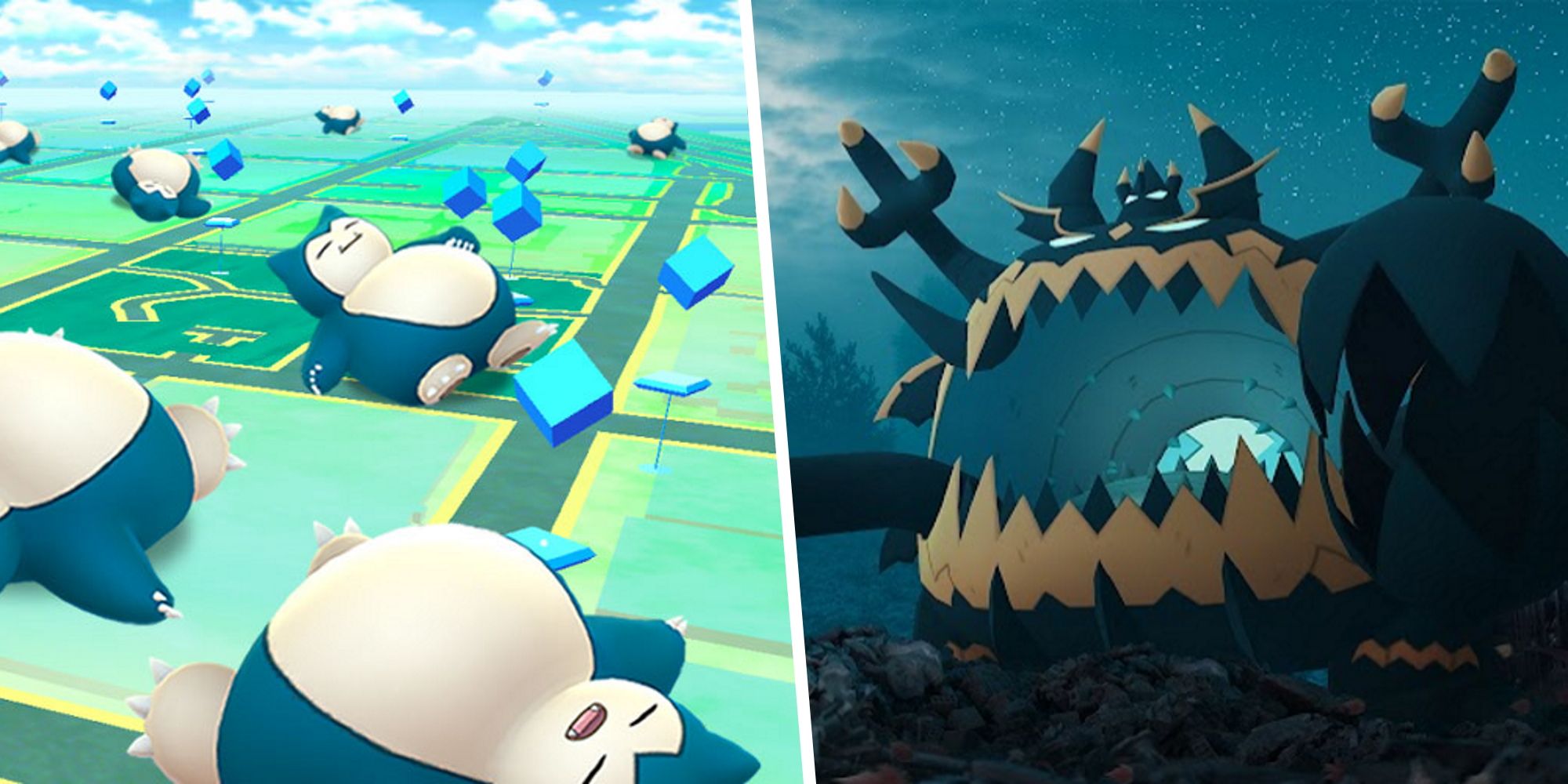 Image of several Snorlax on the Pokemon Go map split with an image of Guzzlord