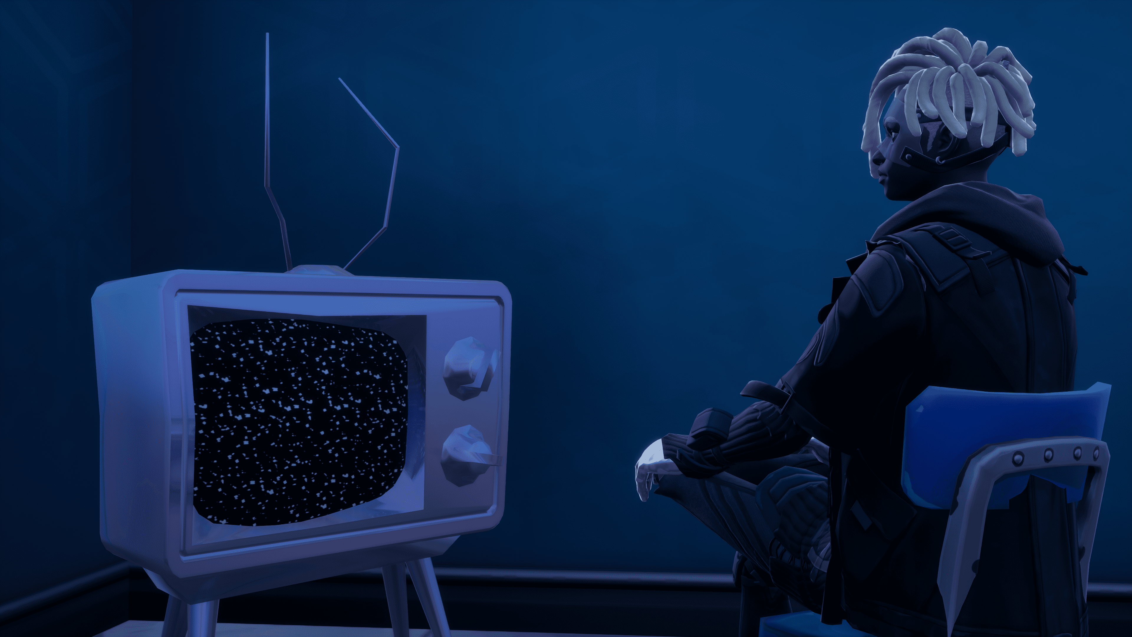 Bytes Fortnite Kapitel 3 Sæson 4 Bytes sad og kiggede på et scrambling-tv i Fortnite Chapter 3 Sæson 4