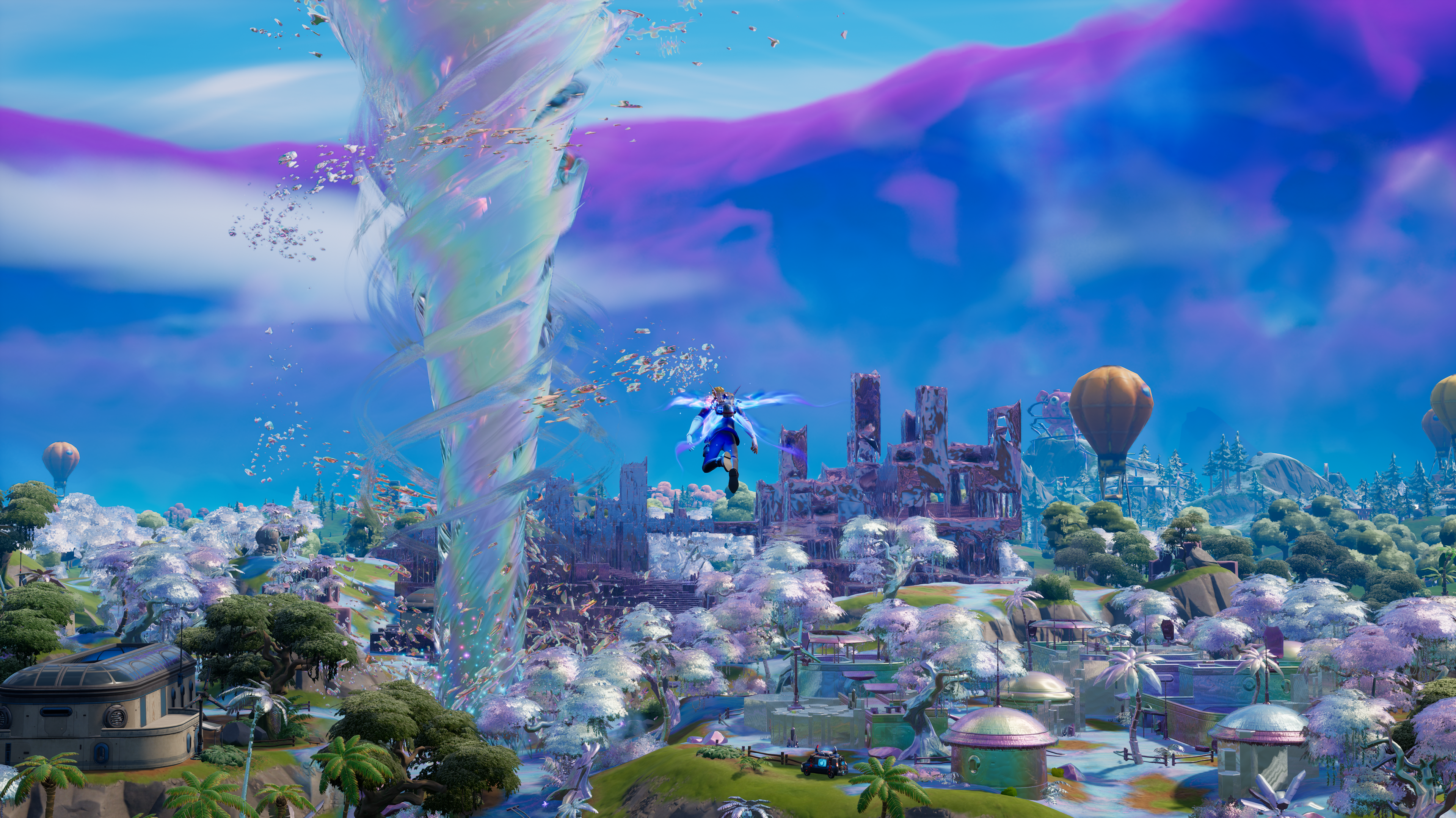 Fortnite Kapitel 3 Sæson 4 Island Et skærmbillede af agent Jonesy-skindet, der flyver over Fortnite Chapter 3 Sæson 4-øen, med en krom-tornado i midten.