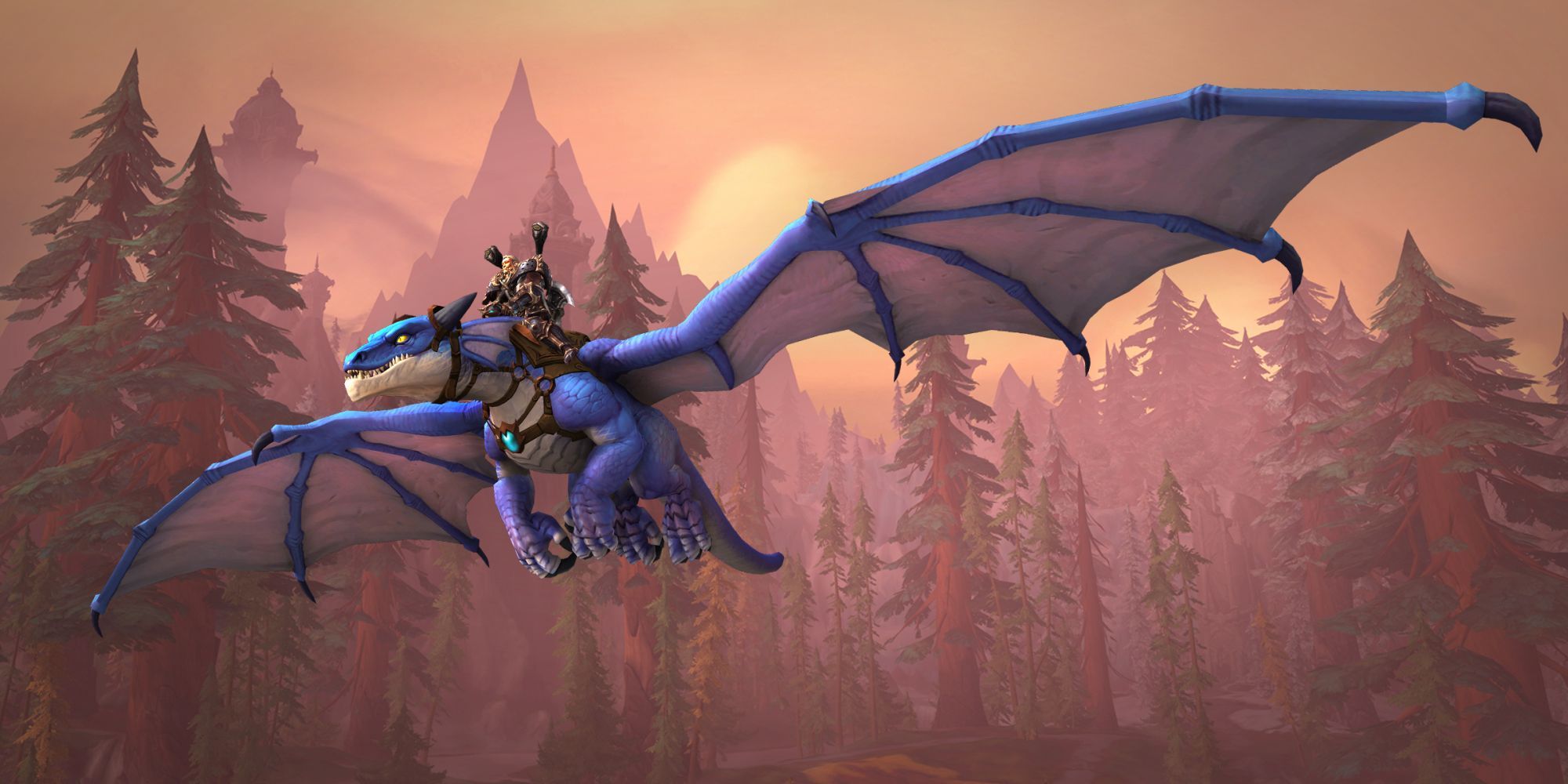 En menneskelig mandlig kriger rider på en drage i World of Warcraft: Dragonflight
