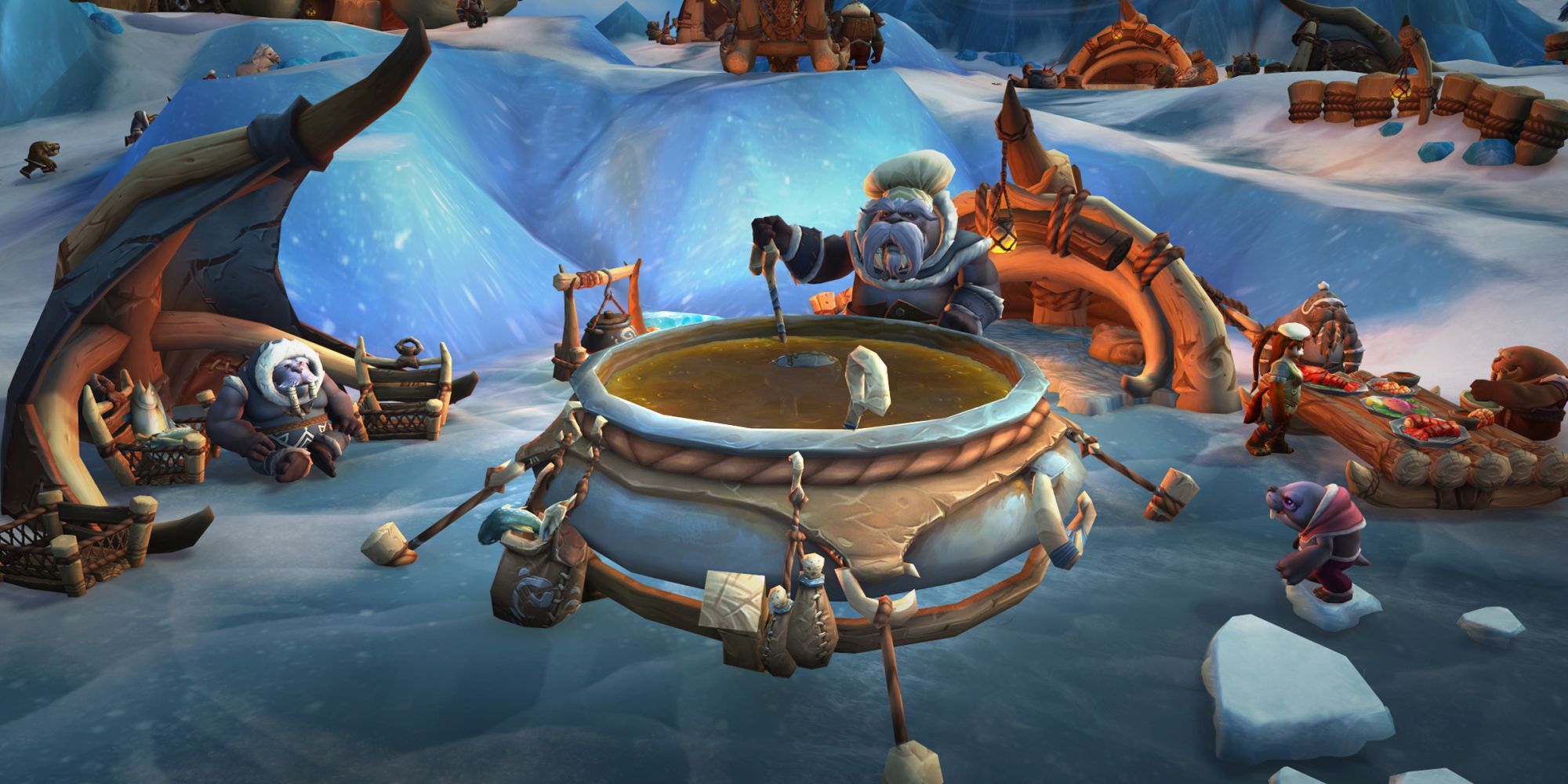 En tuskaar laver mad i en gryderet i en tuskaar-landsby i World of Warcraft: Dragonflight