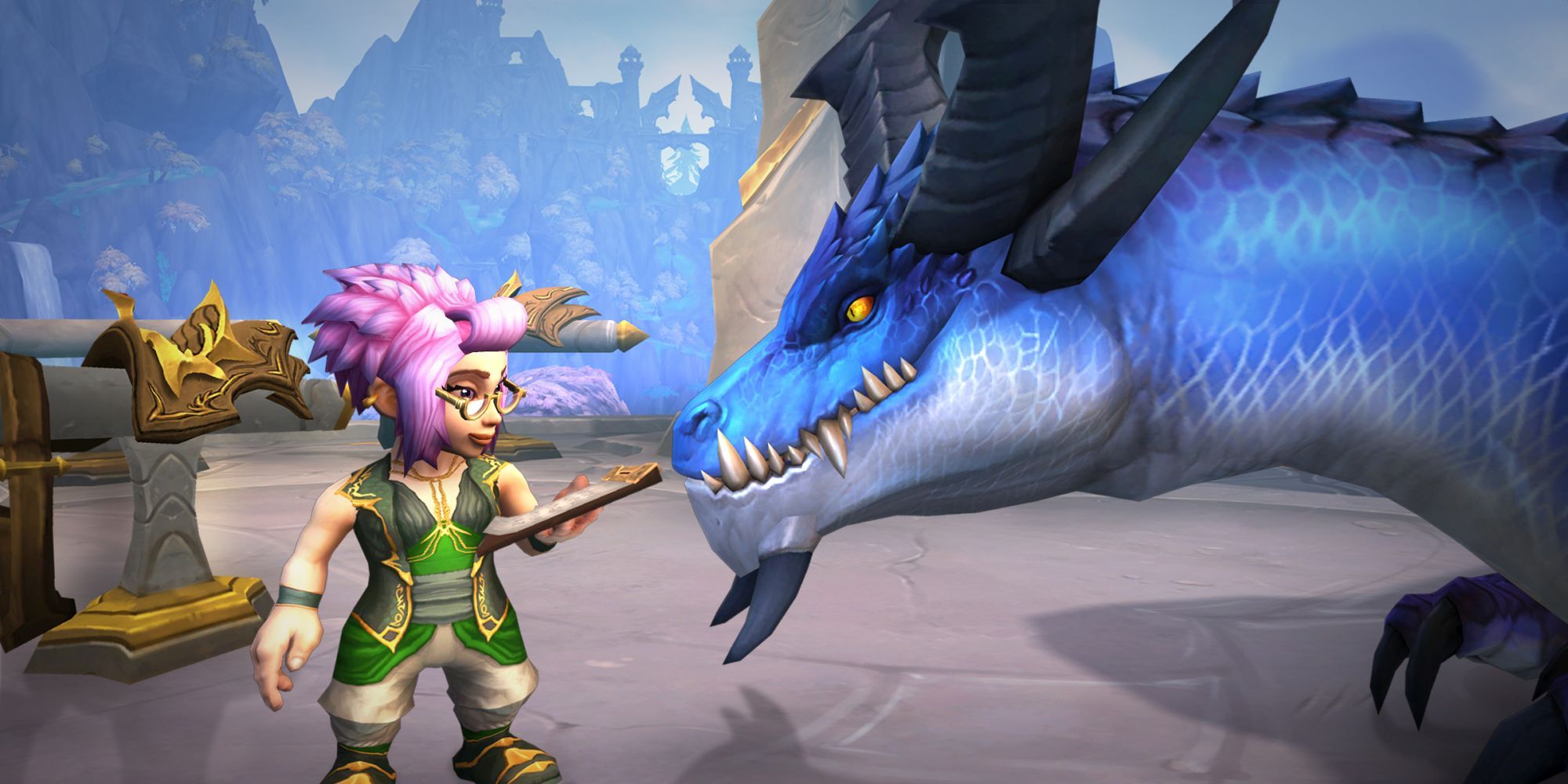 En nisse med briller taler til et medlem af Blue Dragonflight i World of Warcraft