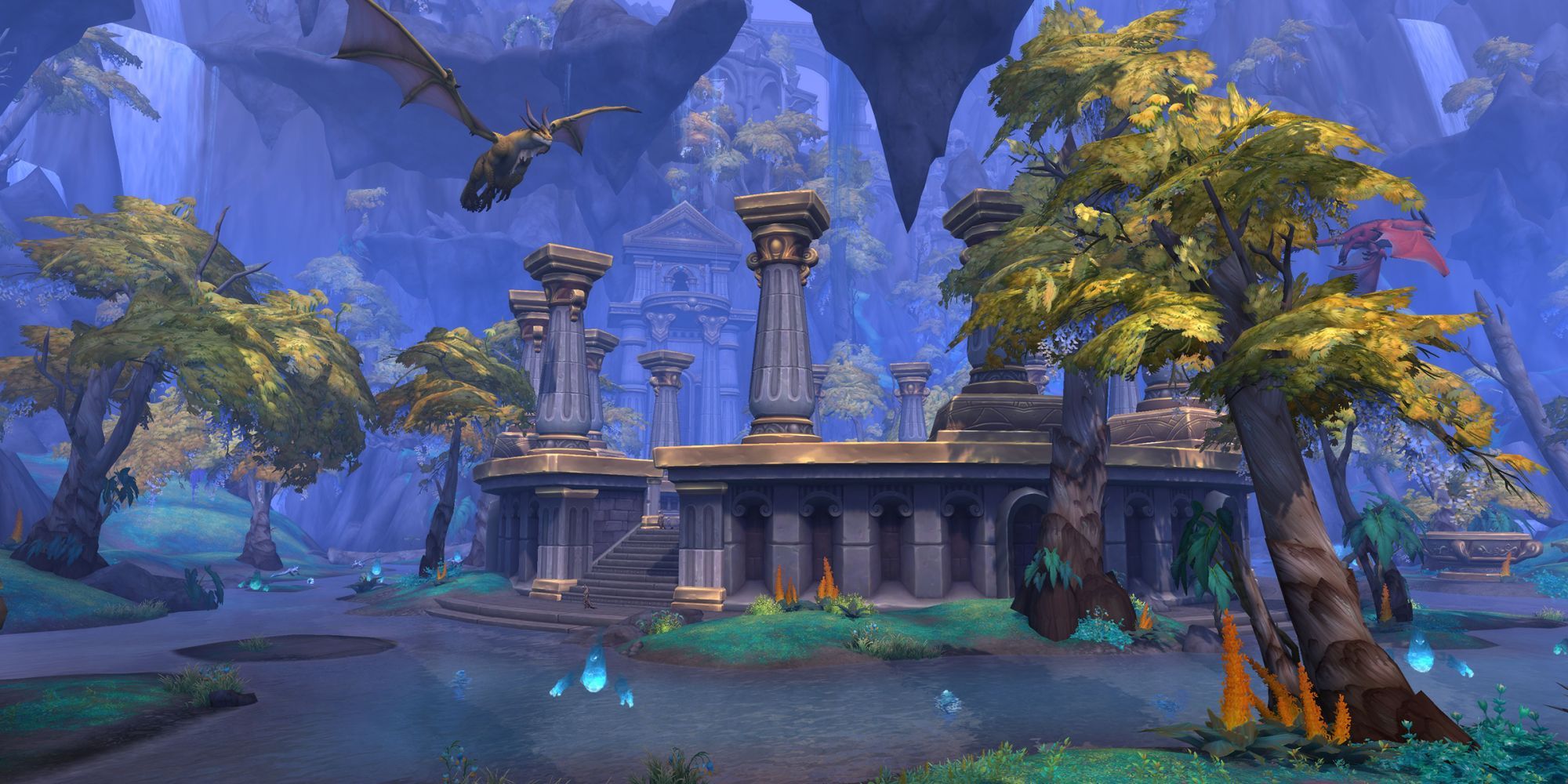 En bronzedrage flyver over en Titan-struktur i World of Warcraft: Dragonflight