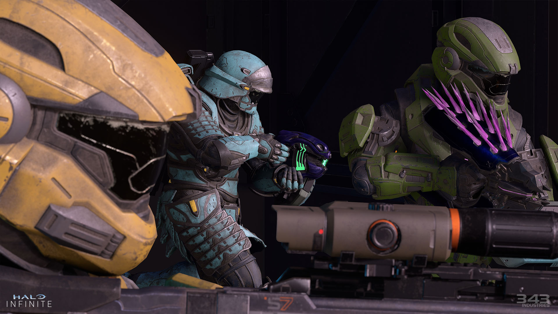 Halo Infinite action-skærmbillede af flere Spartan Armor Cores med Cadet Coatings
