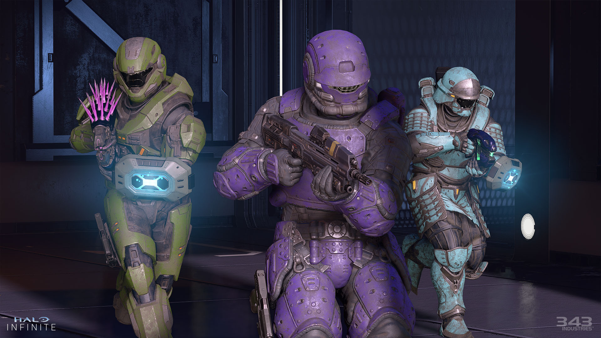 Halo Infinite-skærmbillede, der viser flere Spartan Armor Cores med Cadet Coatings