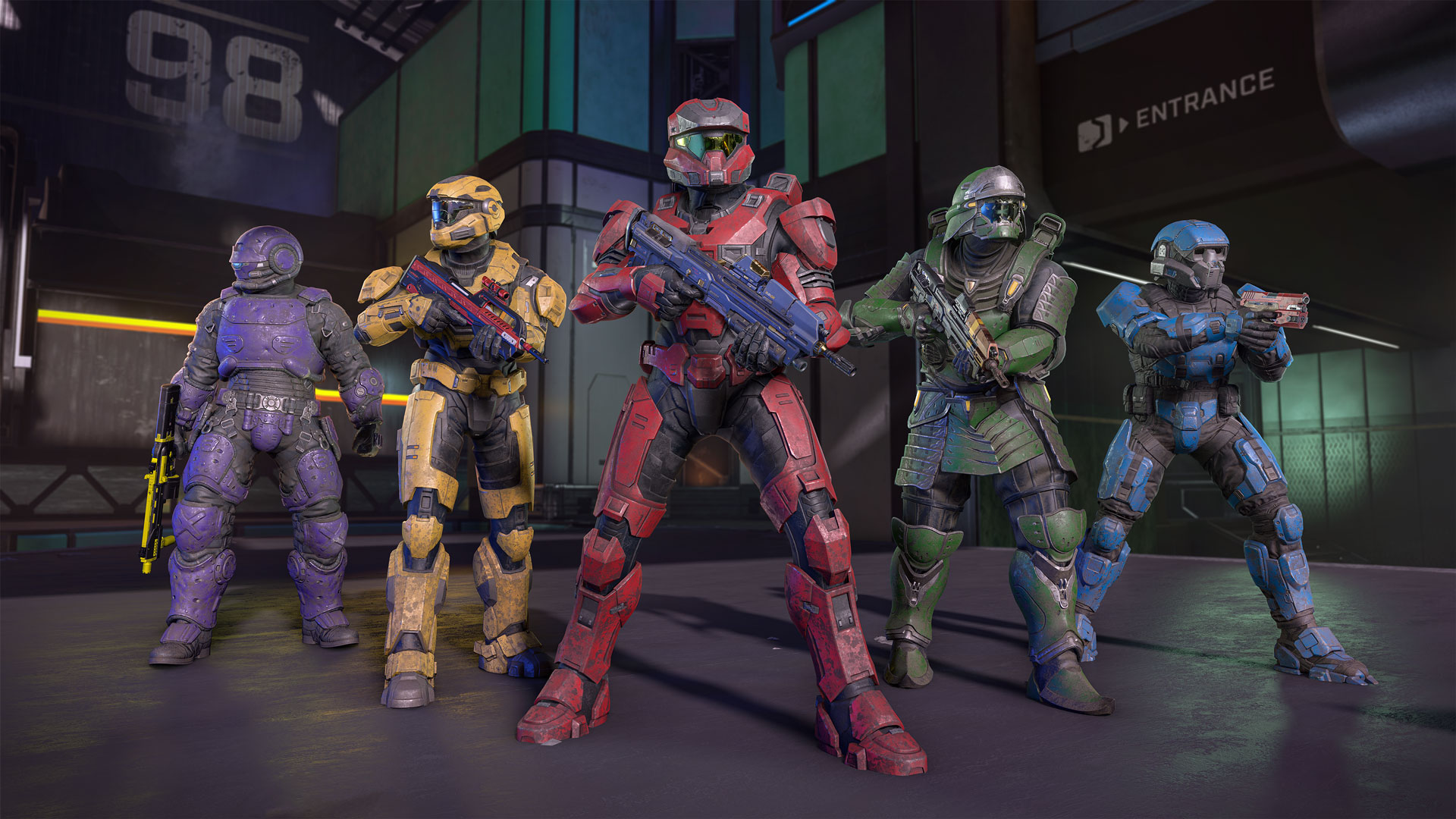 Header image for Halo Infinite December Update showing multiple Spartan Armor Cores with Cadet Coatings