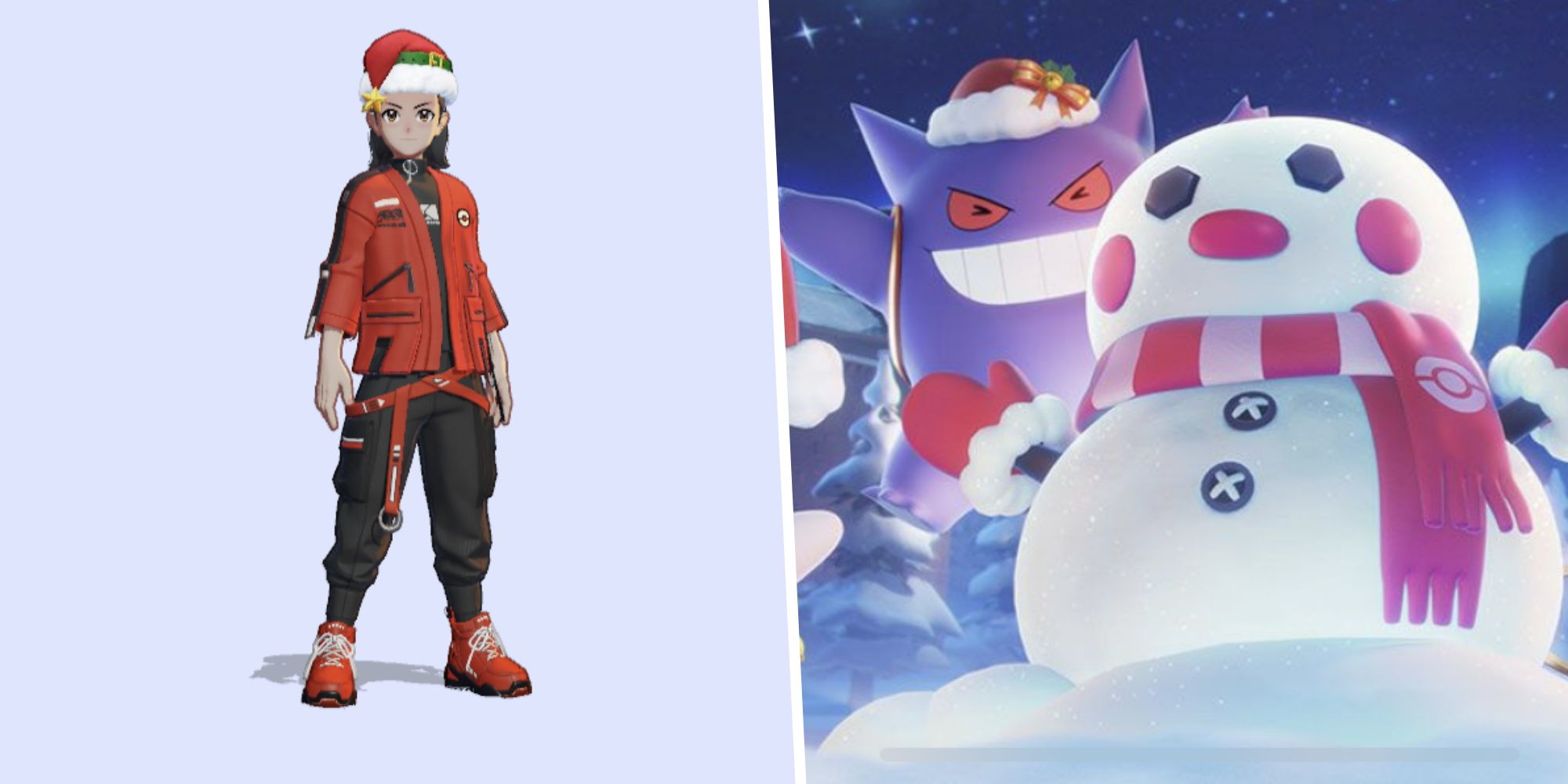 Image of a Pokemon Unite avatar wearing a holiday hat split with an image of Gengar with a snowman