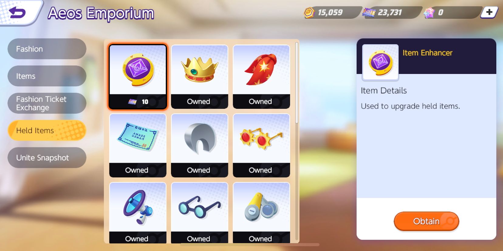 Pokemon Unite Aeos Emporium Shop, med Item Enhancers udvalgt