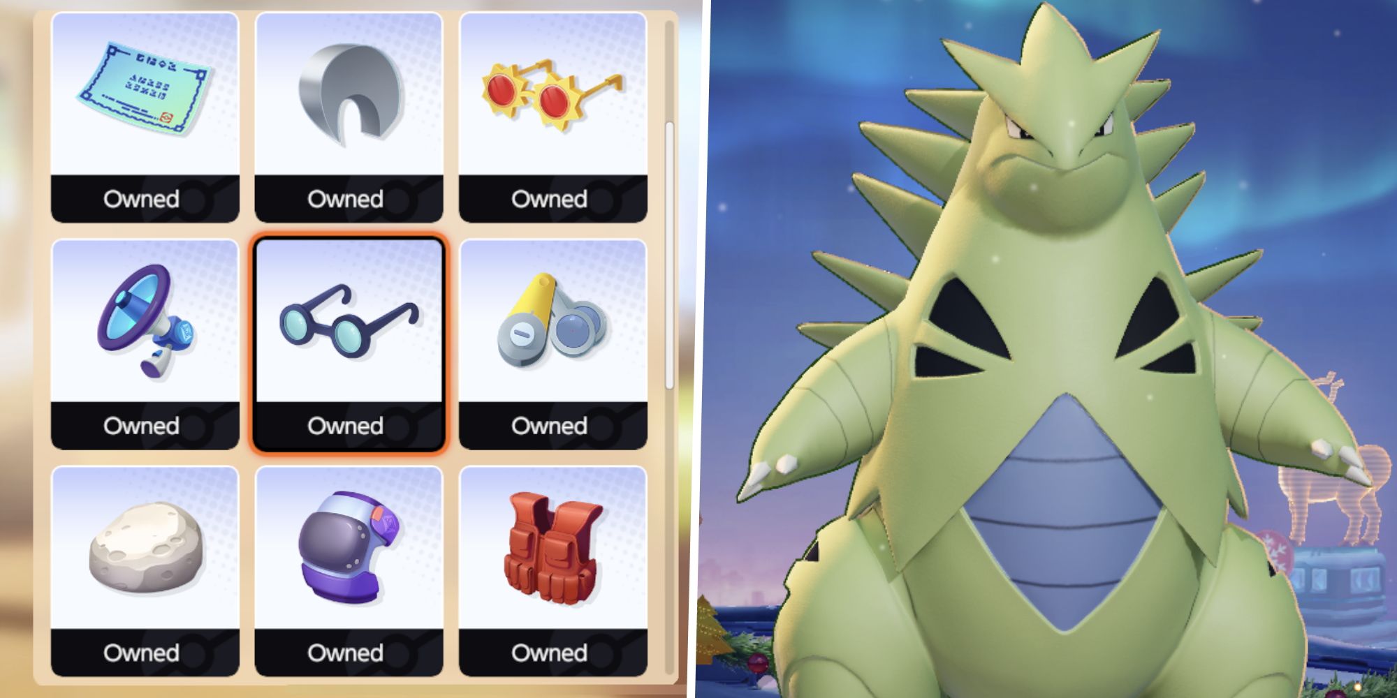 Image of nine different Held Items from Pokemon Unite split with an image of Tyranitar