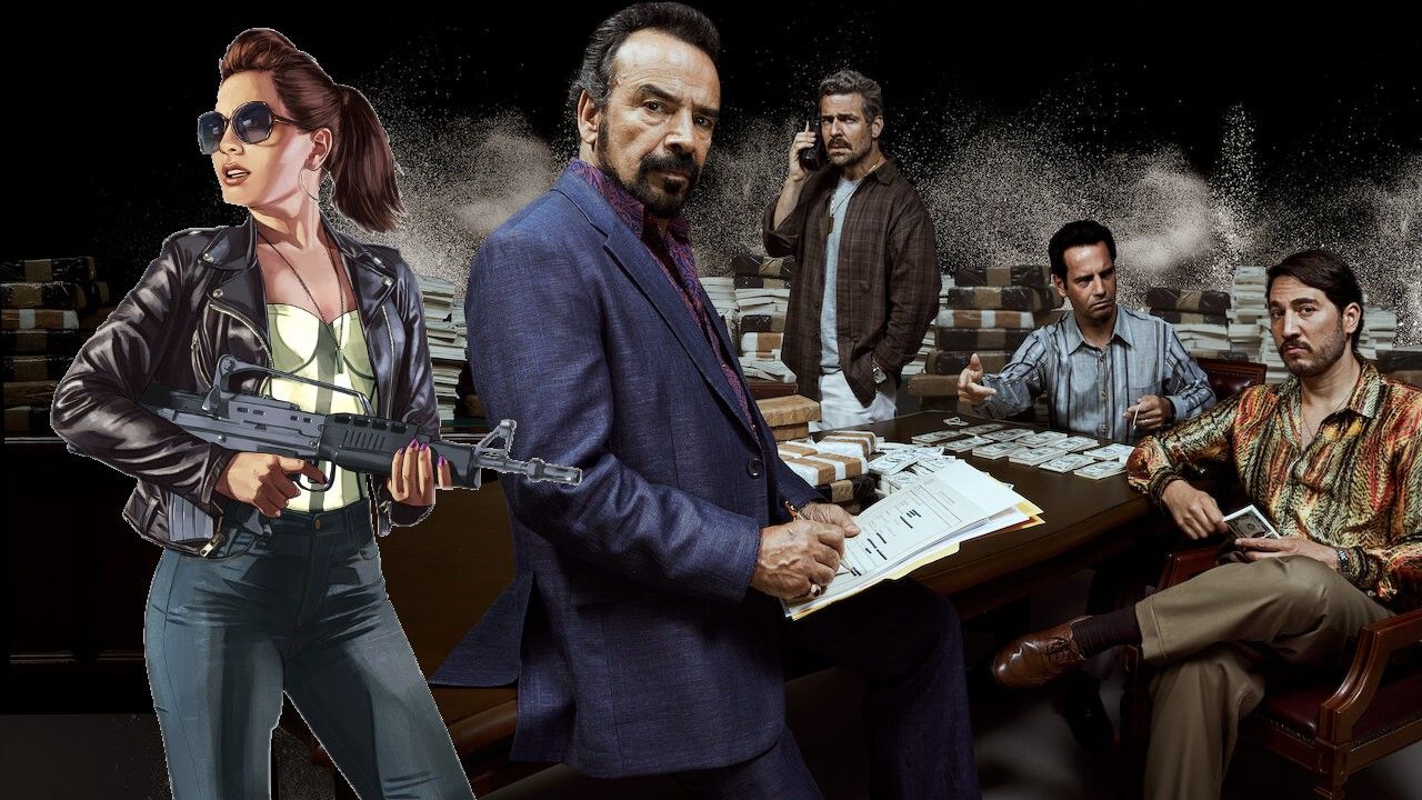 4 medlemmer af Narcos-castet, der omgiver et bord, en holder en hovedbog ved siden af ​​en GTA-kvinde i en læderjakke med en pistol.