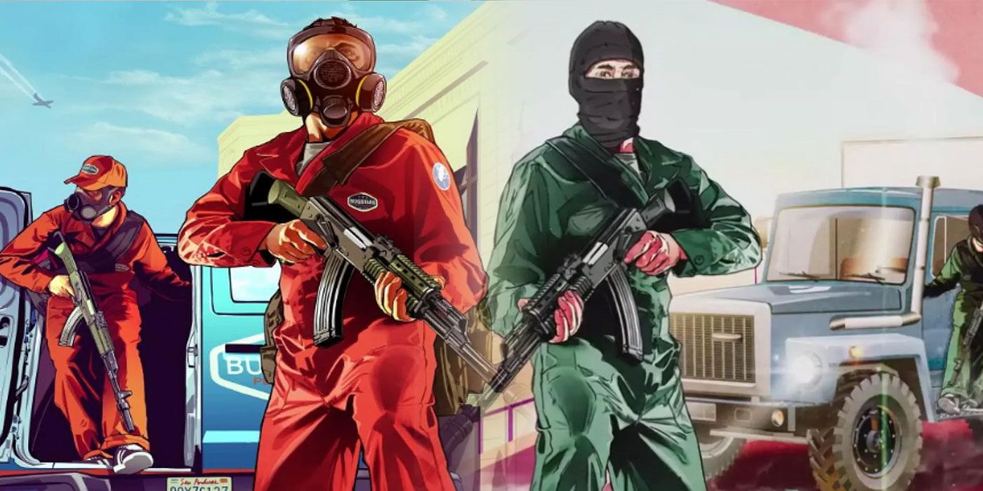 GTA og The Snitch Cartel Origins Artwork delt billede karakterer, der holder våben iført tyverimasker og gasmasker
