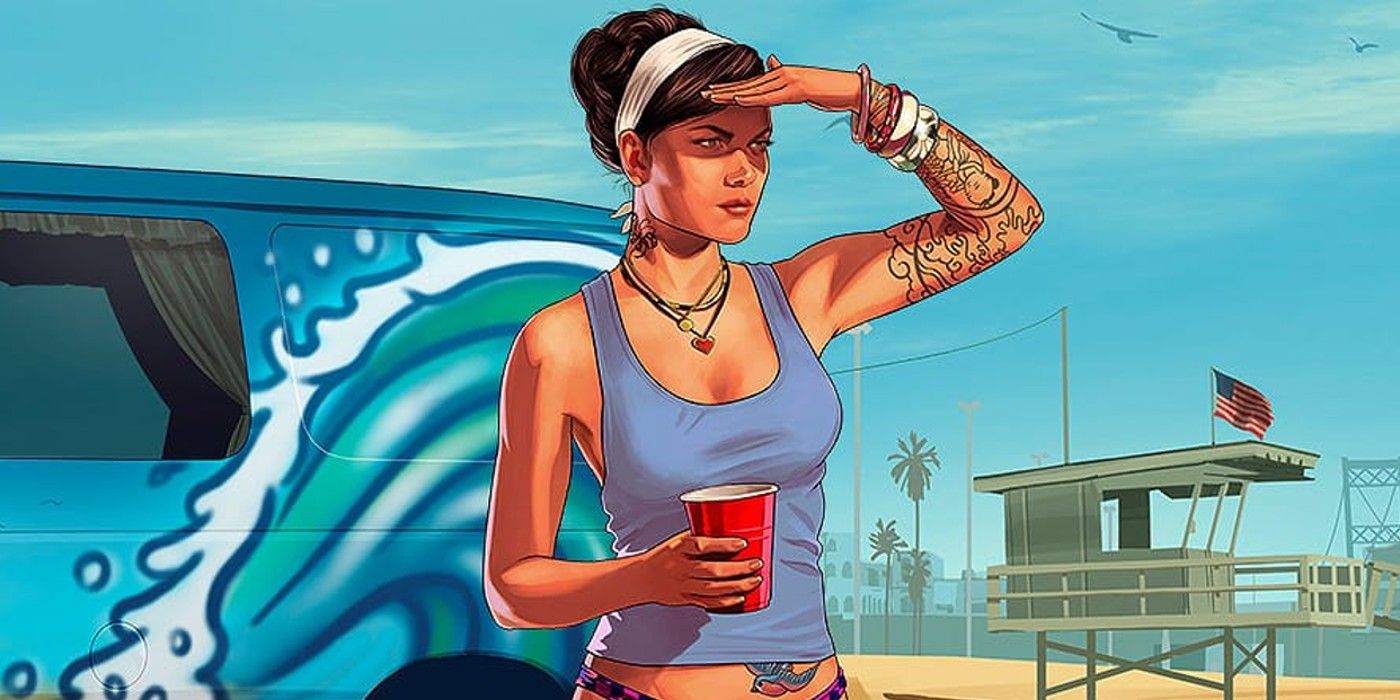 GTA Woman holding a red solo cup and wearing a tank top looking into the distance while shielding her eyes from the sun, behind her is a van with a wave on it.