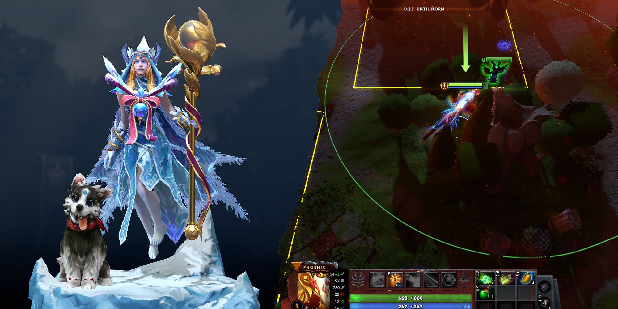 Dota 2: Billede af Support Hero (Crystal Maiden) og Phoenix, der blokerer fjendens neutrale lejr, før spillet starter