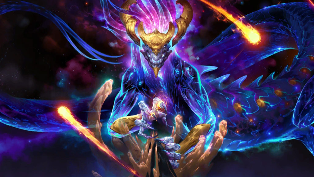 Ligamester Aurelion Sol svæver over bjerget med stjerner omkring sig.
