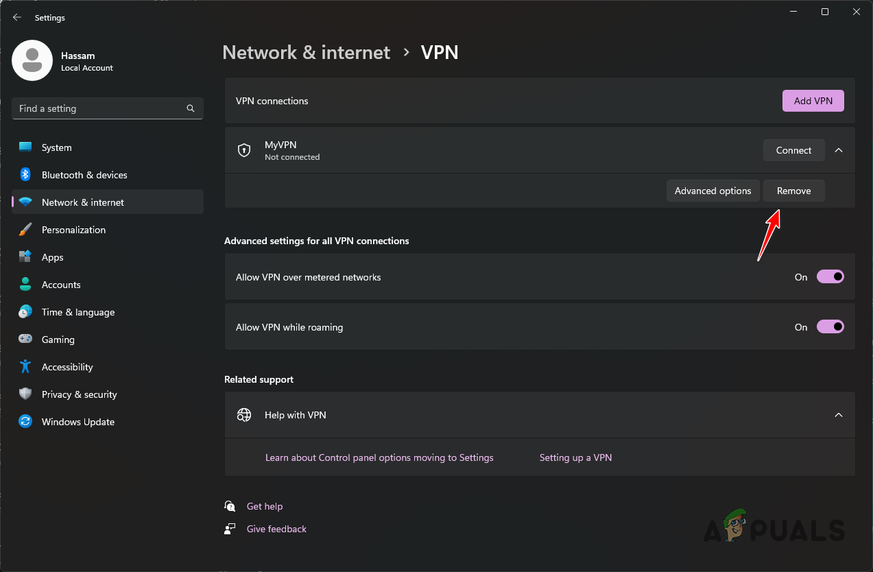 Fjernelse af VPN-forbindelse