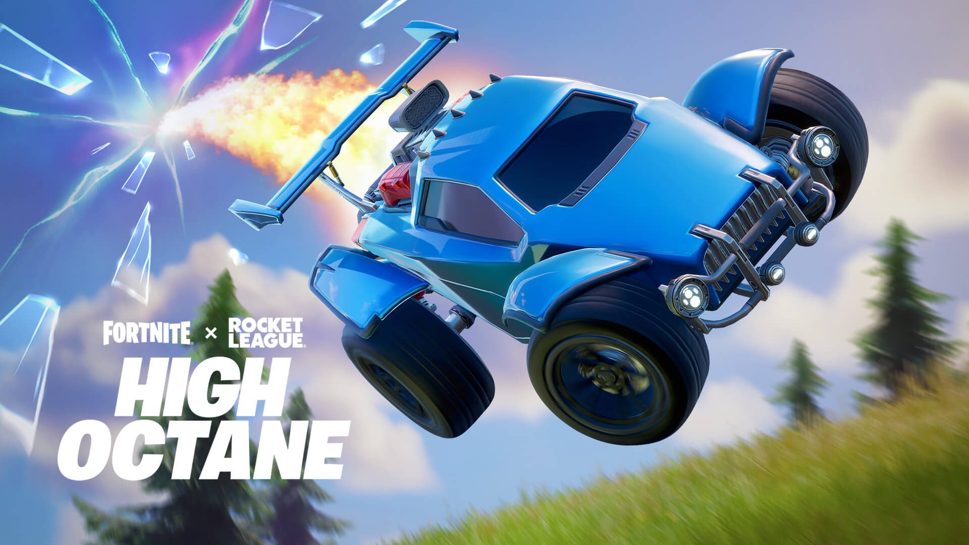 Fortnite X Rocket League højoktan Et billede af Fortnite og Rocket League crossover High Octane-begivenheden, der viser en Rocket League-bil falde fra himlen ind i Fortnite