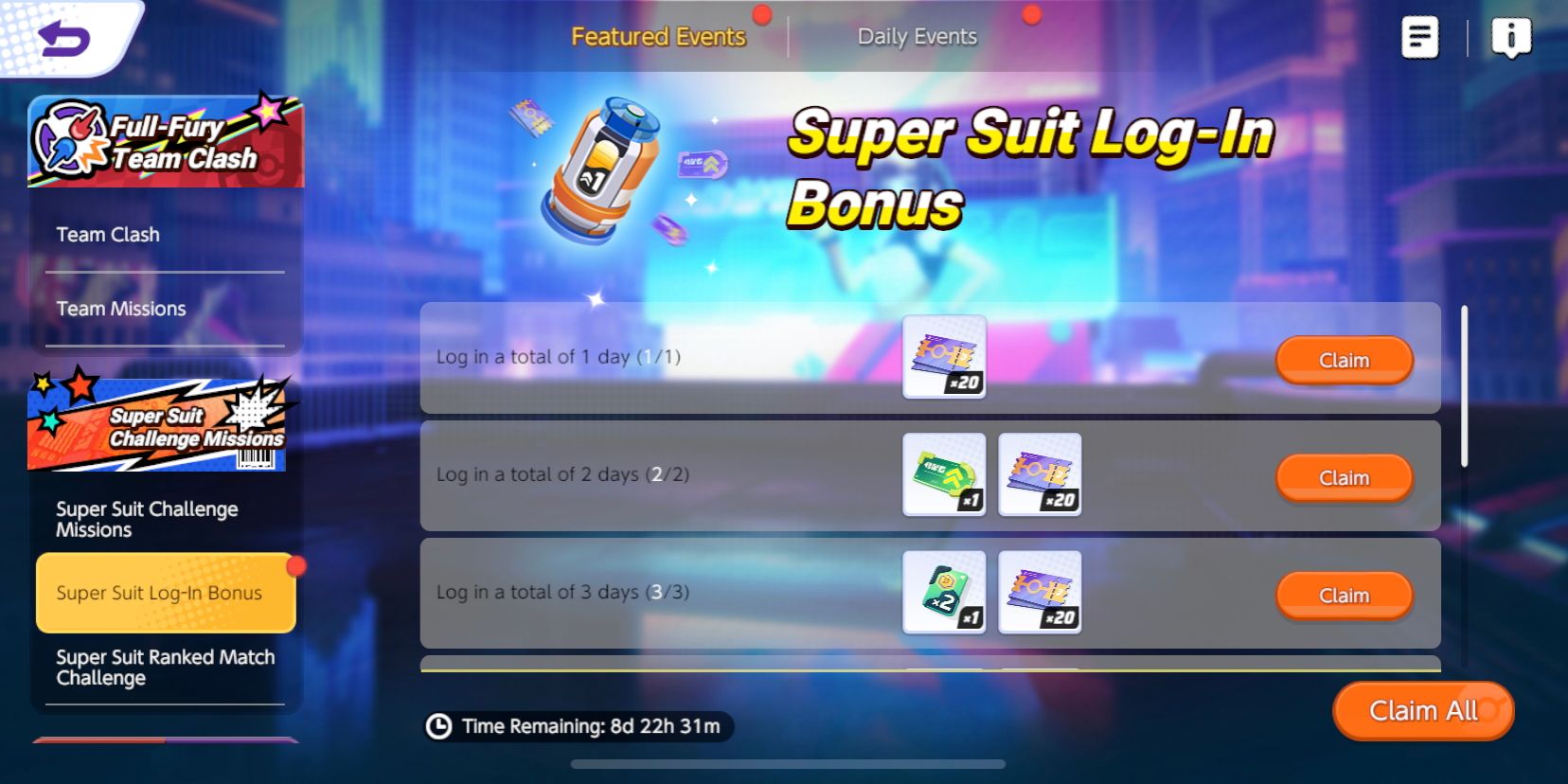 Super Suit Log-In Bonus-skærmen fra Pokemon Unite, der viser forskellige log-in belønninger