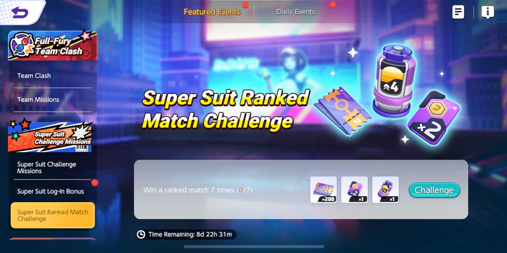 Super Suit-ranked Match Challenge-skærmen fra Pokemon Unite, der viser denne begivenhedsmission