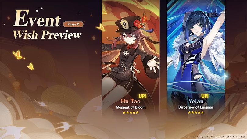 Bannere til del 2 af Genshin Impact 3.4-opdateringen: Hu Tao og Yelan