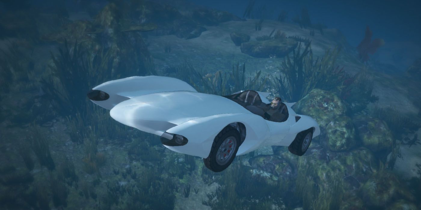 GTA Online Scramjet Car flyver under vandet med stenet faunaterræn i baggrunden
