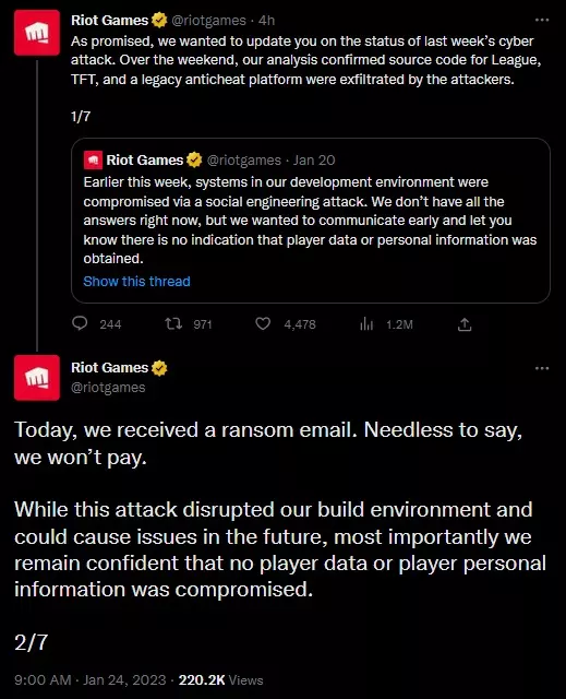 Riot Games tråd som svar på hackere, der stjæler kildekode og kræver løsesum.
