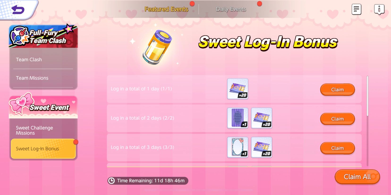 Pokemon Unite Sweet Event Log-In Bonusskærm, der viser begivenhedsudfordringer og belønninger