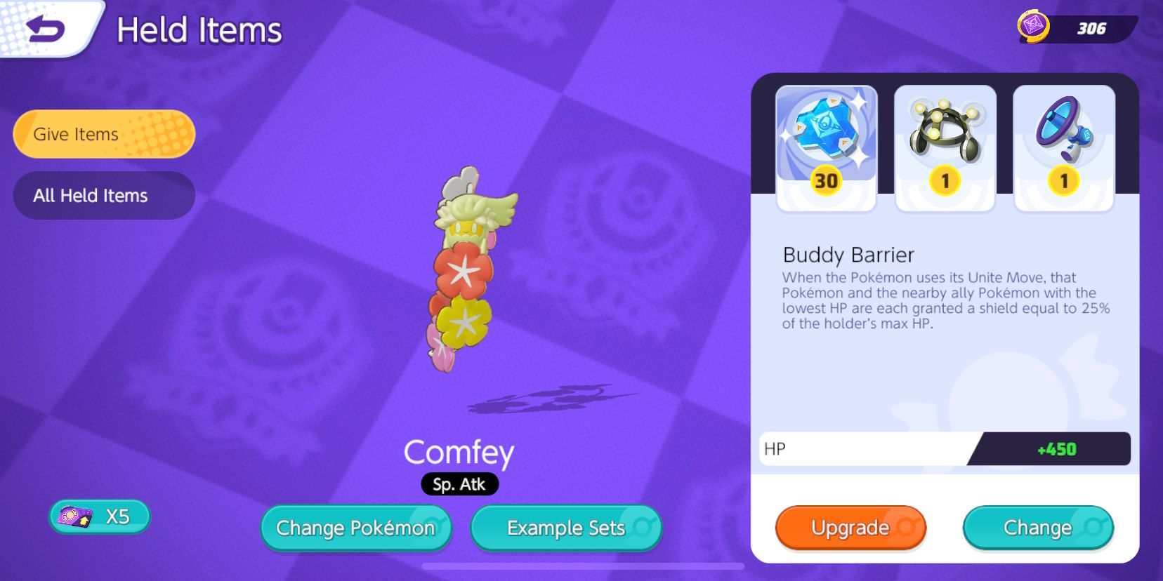 Comfey's Held Item-valgskærm med Buddy Barrier, Exp.  Del og Energiforstærker valgt