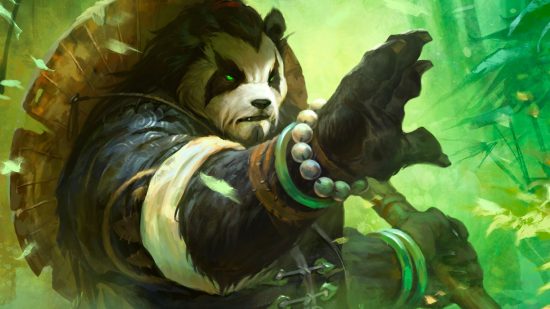 World of Warcraft: En Pandaren-munk klar til kamp, ​​hans stråhat surret til ryggen og en bambusstav i hånden.
