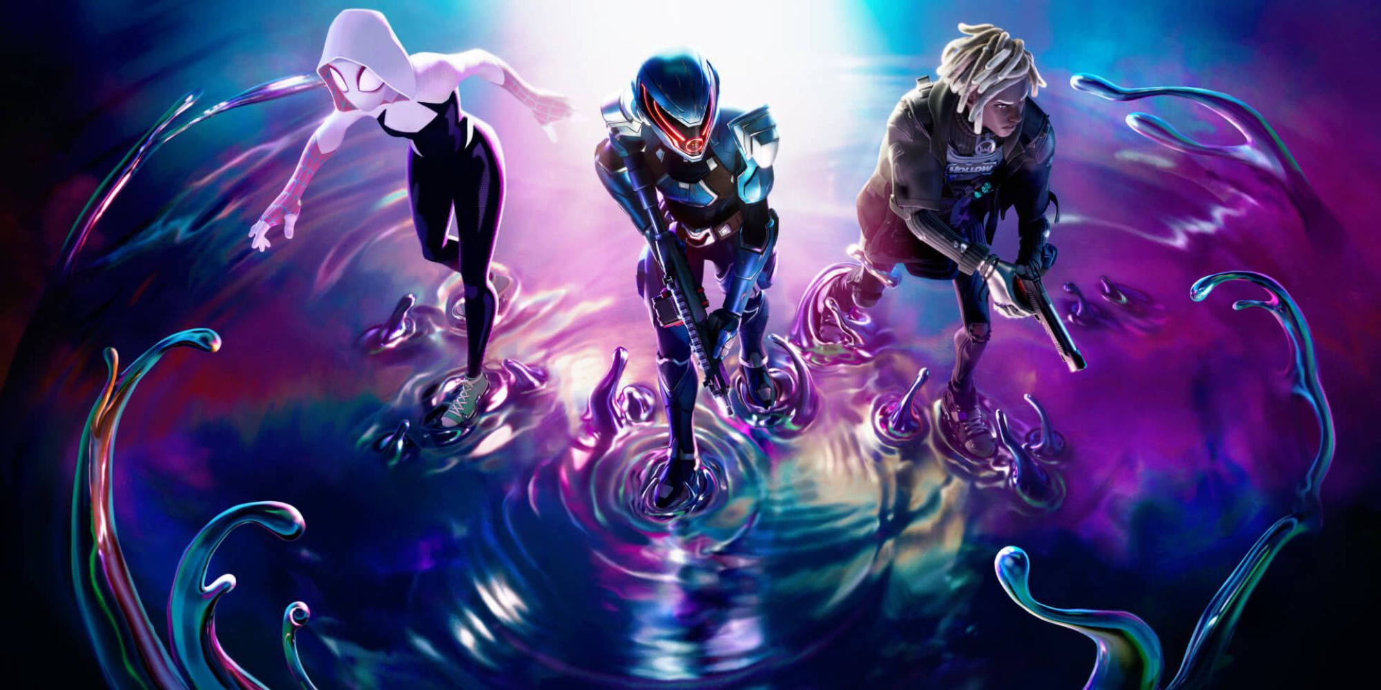 Spider-Gwen går sammen med to andre Fortnite-karakterer over en rislende dam