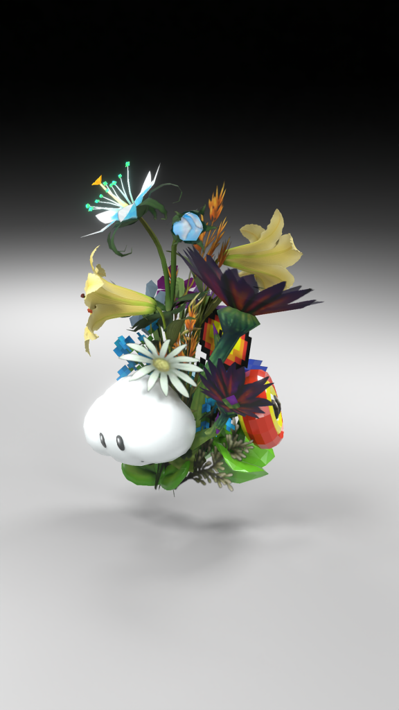 En stor buket fra Jill Magid's "Out-Game Blomster" NFT samling.  Udlånt af kunstneren og Artwrld.