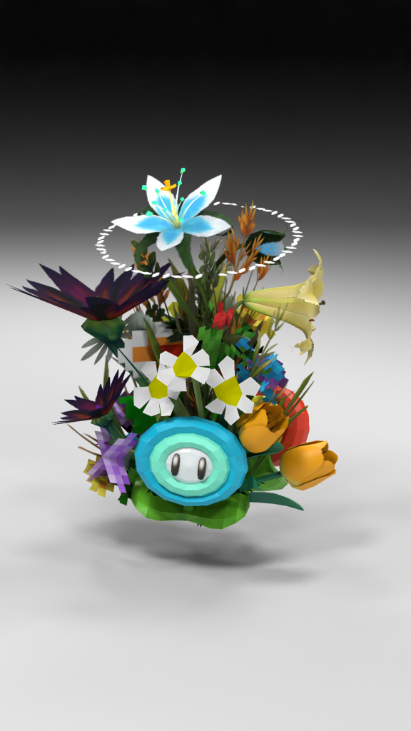 En stor buket fra Jill Magid's "Out-Game Blomster" NFT samling.  Udlånt af kunstneren og Artwrld.