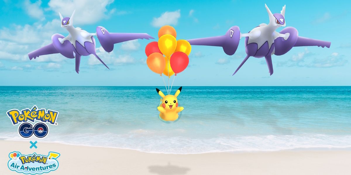 Mega Latias og Mega Latios på himlen, med Pikachu i midten med balloner påsat