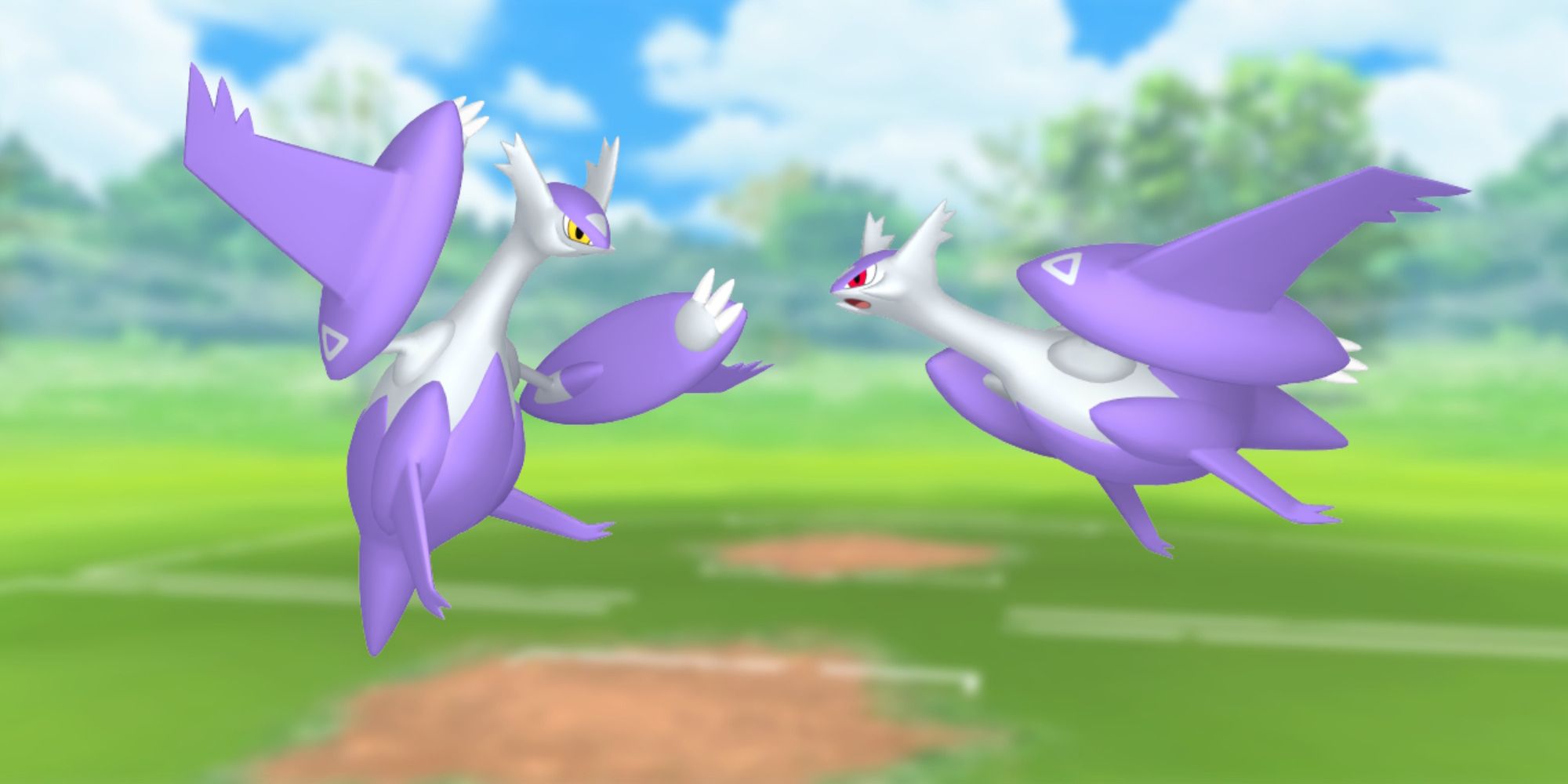 Mega Latios og Mega Latias fra Pokemon, med Pokemon Go-slagmarken som baggrund