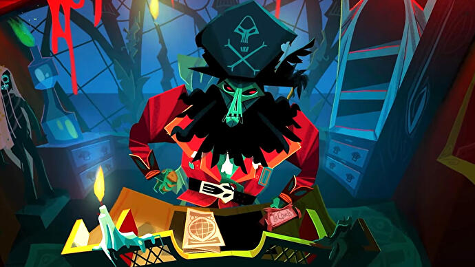 Den sortskæg-lignende skelet-piratfjende LeChuck på vej tilbage til Monkey Island, der står over et bord i en uhyggelig hytte og glor på kameraet.