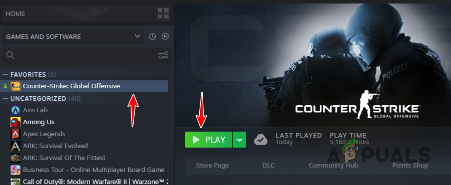 Åbning af CSGO via Steam Library