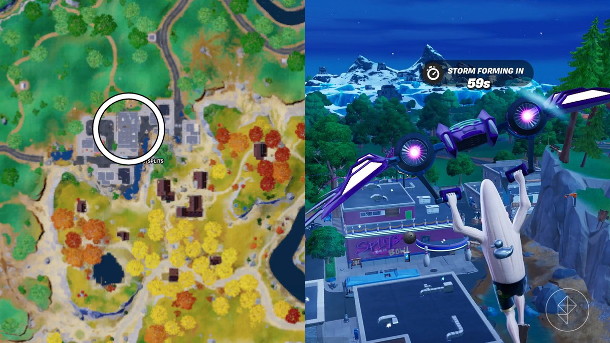 Kort, der viser placeringen af Splits Bowl i Fortnite sammen med et billede af bygningen og en uskrællet banan.