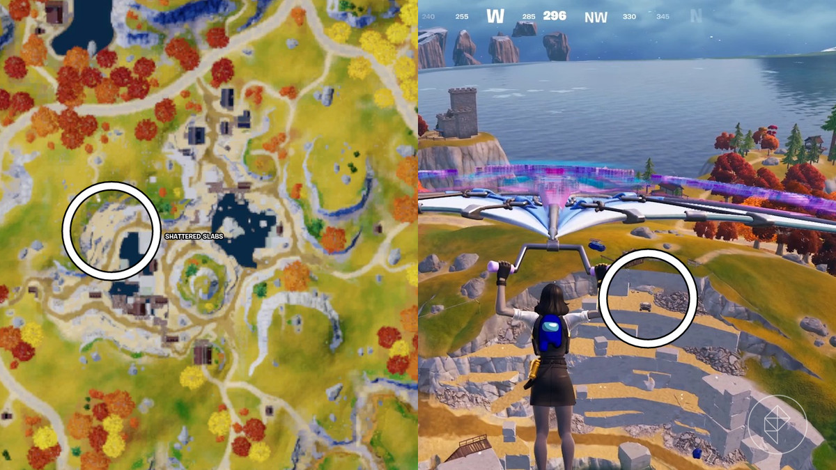 Kort, der viser et område med Shattered Slabs i Fortnite sammen med et skærmbillede i spillet af placeringen. Amogus. Blå blandt os.