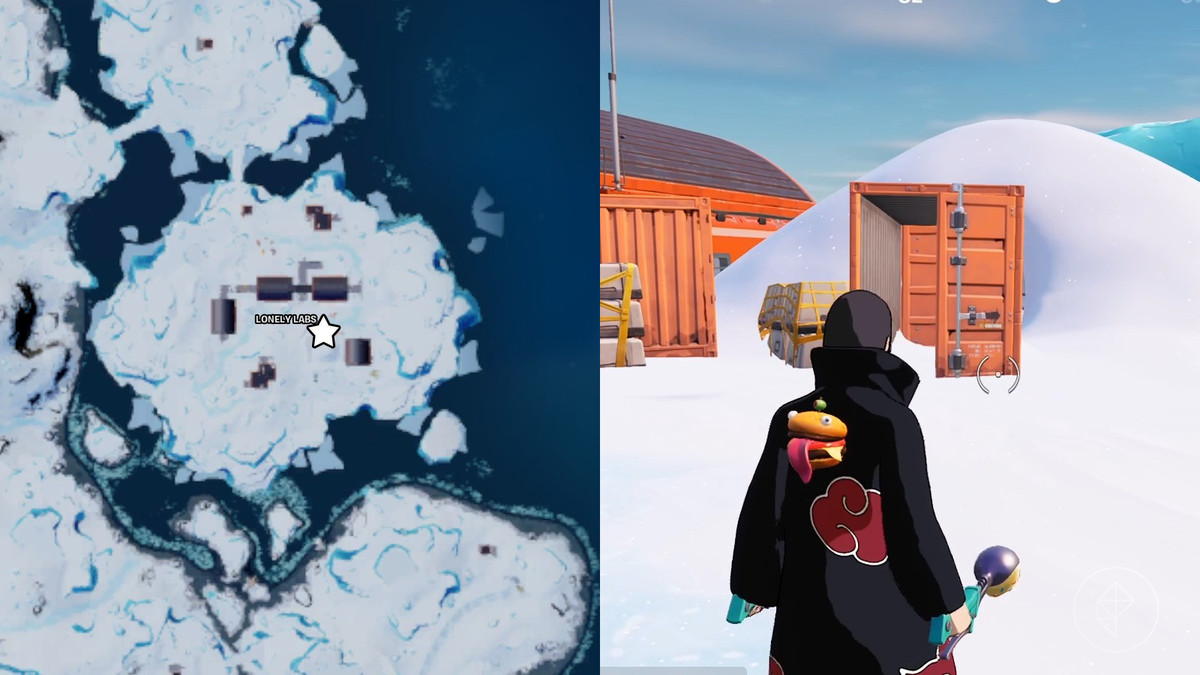 Lonely Labs lagerbeholderplacering for Encrypted Ciphers-quest i Fortnite afbildet af et kort og et skærmbillede i spillet af Itachi Uchiha i området.