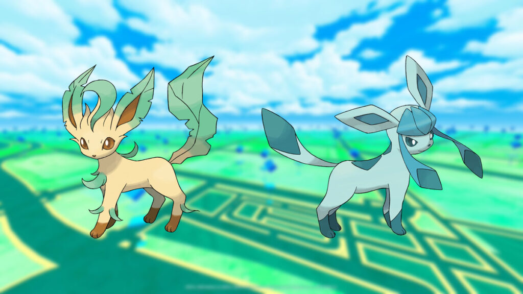 Leafeon og Glaceon i en Pokemon Go-baggrund