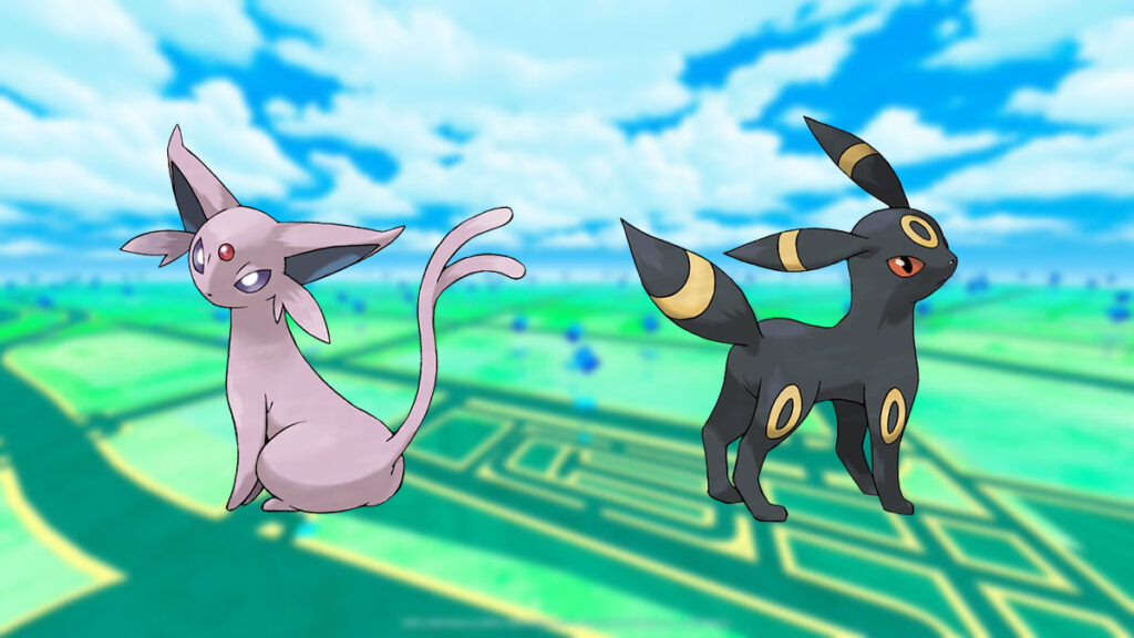 Espeon og Umbreon i en Pokemon Go-baggrund