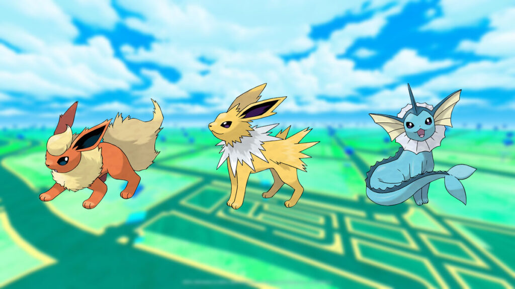 Flareon, Jolteon og Vaporeon i en Pokemon Go-baggrund