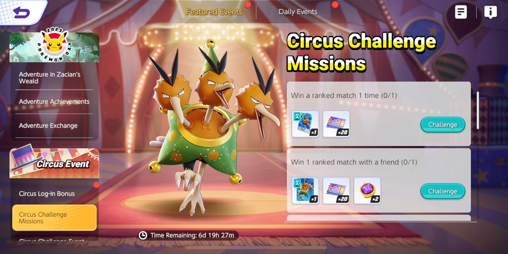 Circus Challenge Missions-skærmen fra Pokemon Unite, der viser begivenhedsmissioner og belønninger