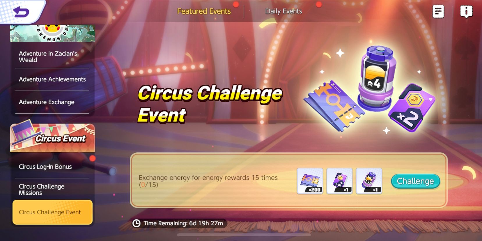 Circus Challenge Event-skærm fra Pokemon Unite, der viser begivenhedens mission og belønninger